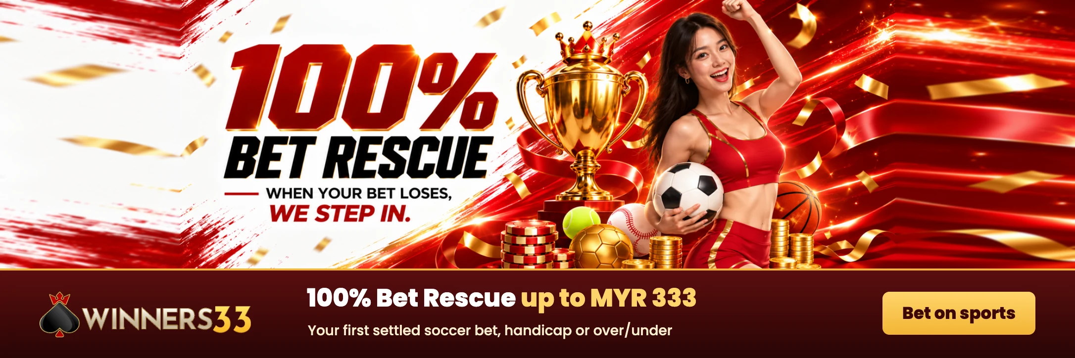 Winners33 100% Bet Rescue up to MYR 333 on your first settled soccer bet