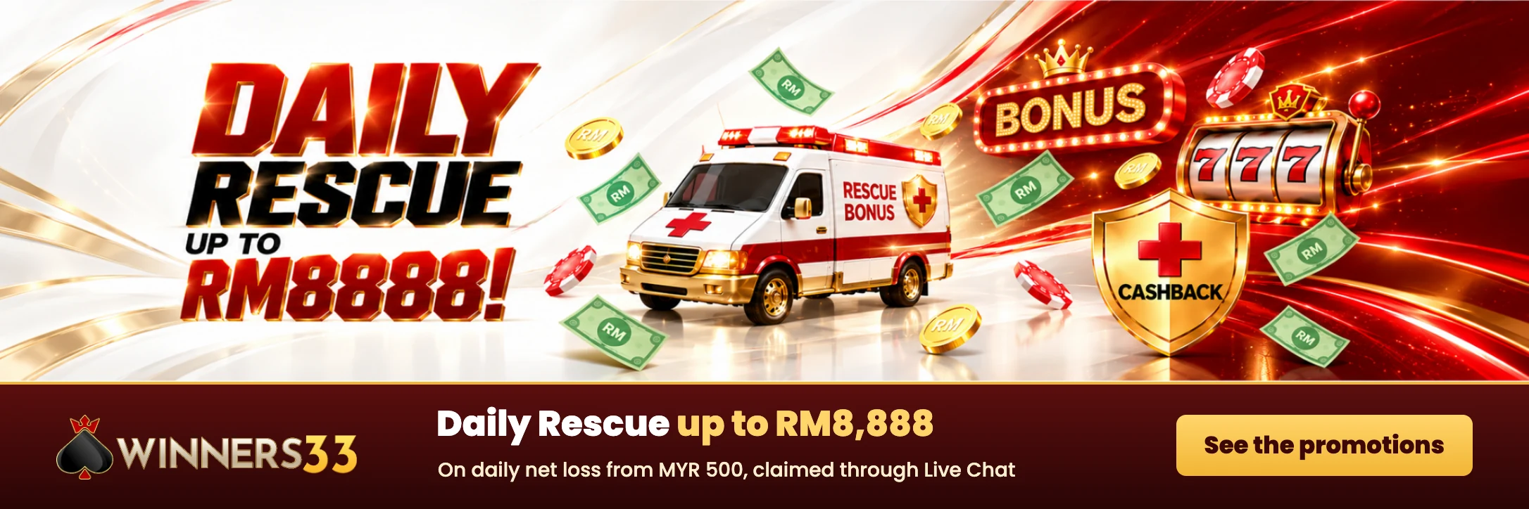 Winners33 Daily Rescue bonus up to RM8,888 on daily net loss from MYR 500
