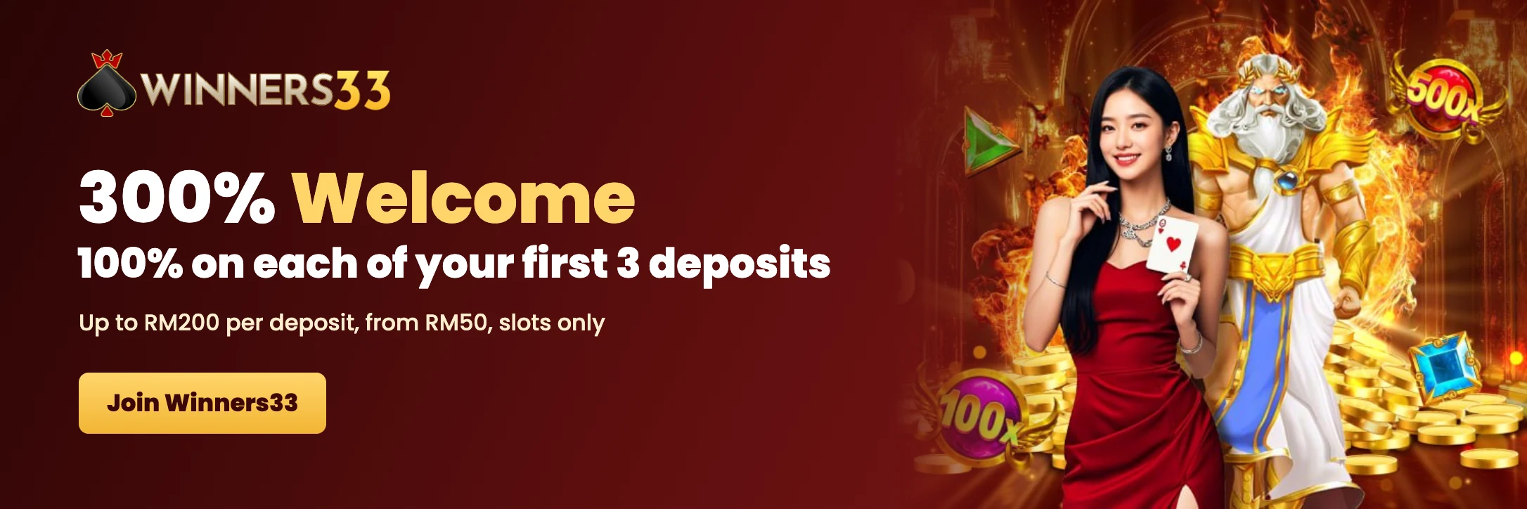 Winners33 300% welcome: 100% on each of your first three deposits, up to RM200 per deposit